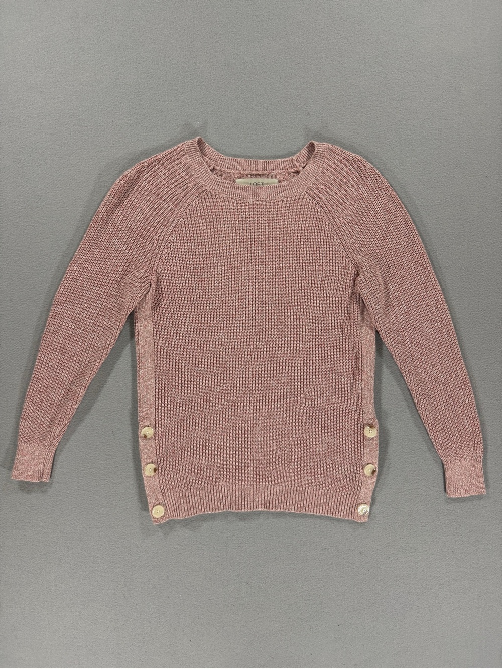 LOFT Petite Side Button Ribbed Crewneck Pullover Sweater Womens SP Mauve Cozy